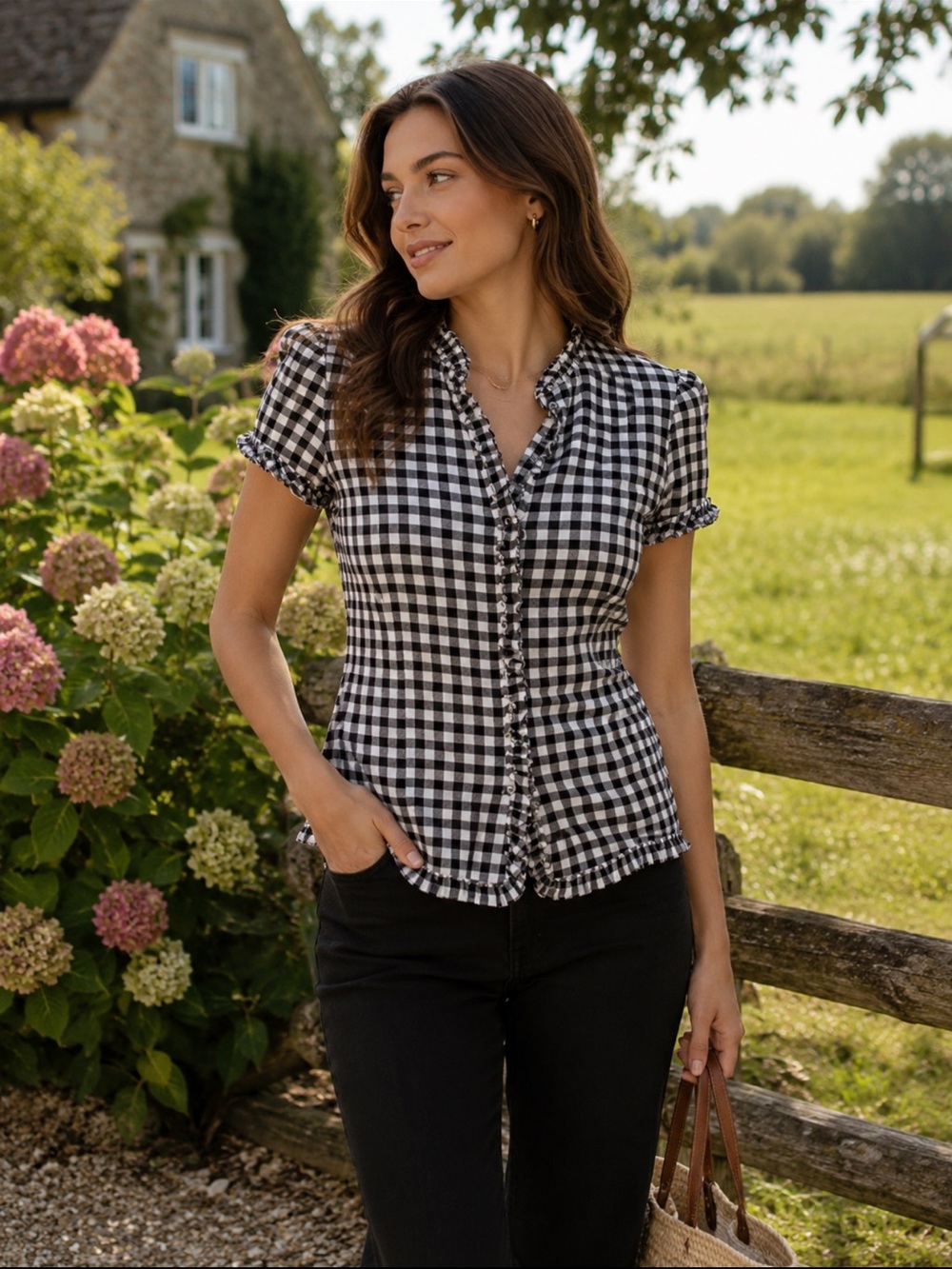 Gap gingham black white check ruffle button-down top
